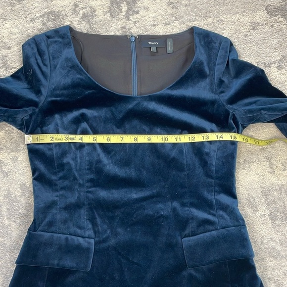 New Theory Stretch Velvet Velour Shift Dress Flap Pockets Long Sleeve Blue Sz 2 - Picture 7 of 11